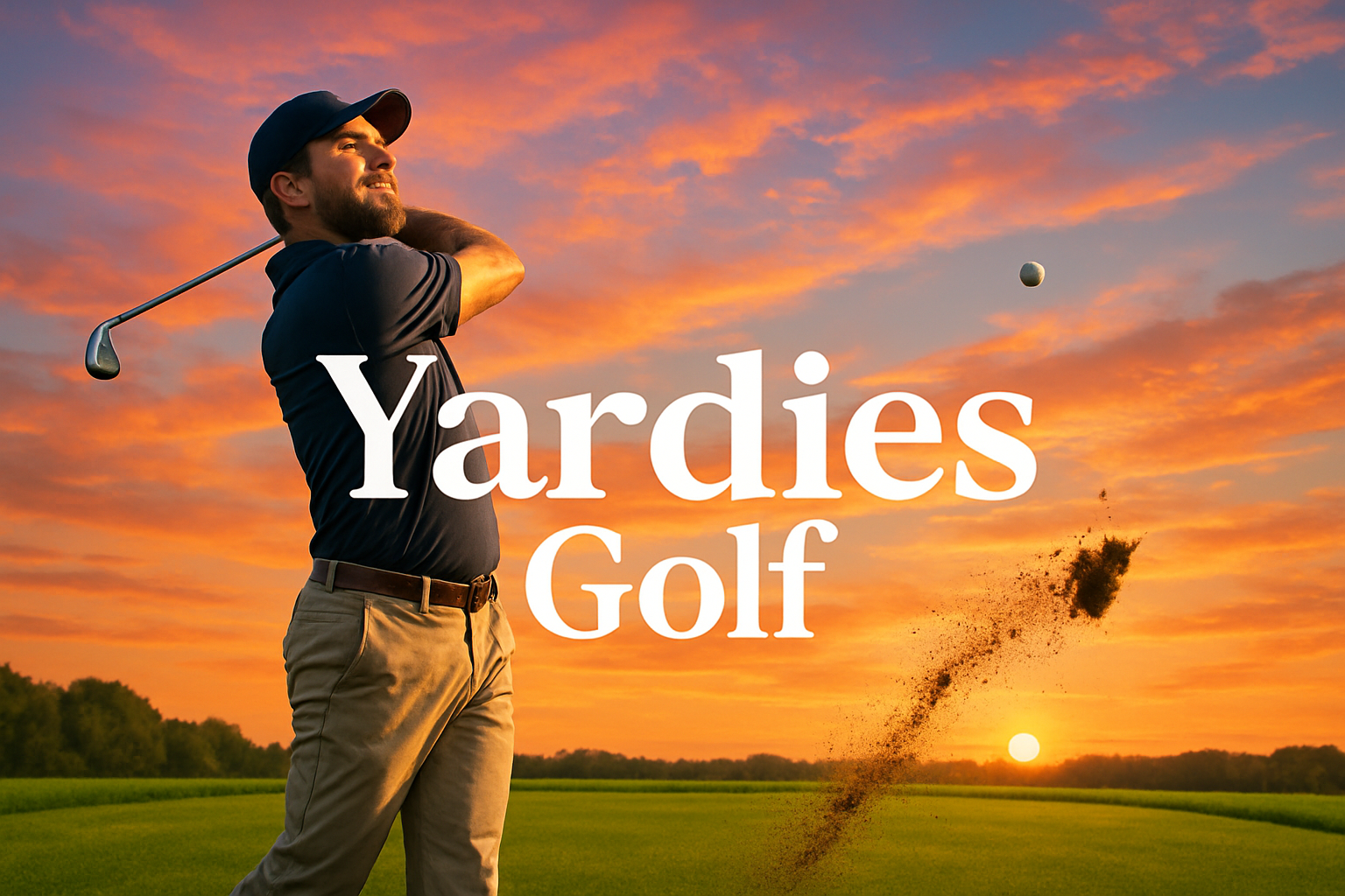 just-create-a-tealistic-golfer-after-a-successful-shot-in-the-top-club-possition-looking-to-distance-with-sun-set-and-oreety-green-tee-box-with-ball-in-the-air-and-divot-flying-off with bright colours and Yardies Golf in big white font in the middle showing nicely.