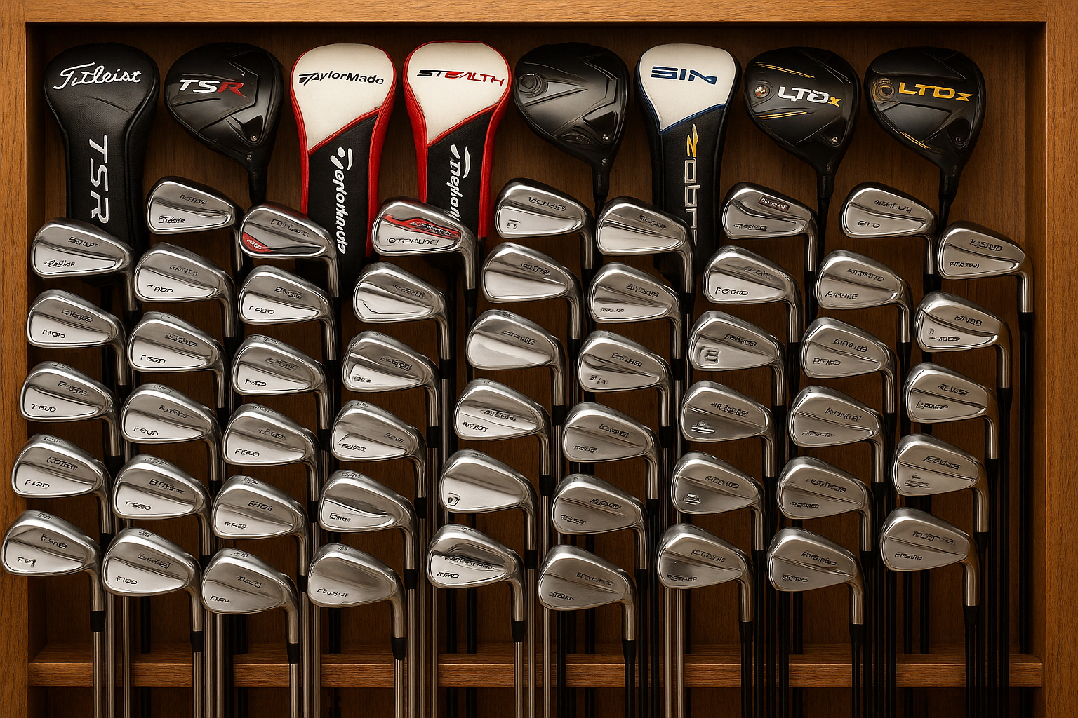 No please make it a bulk amount of clubs, and they are pointed head towards the picture, make it to have realistc brands like Titleist, TylorMade, Cobra with real models that exist please.